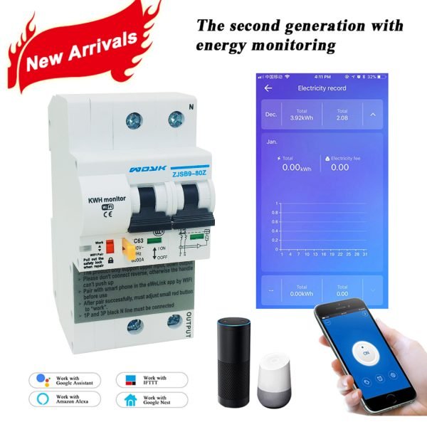 EACHEN The 3rd Generation 2P WiFi Smart Circuit Breaker 0-63A with Energy monitoring (Ewelink APP)